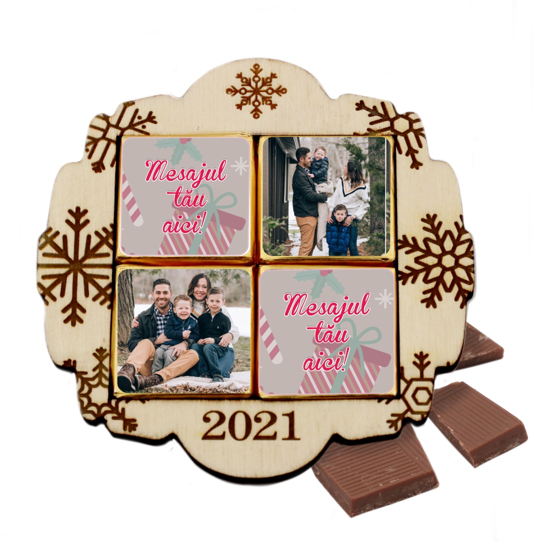 Ramă cu 4 ciocolățele, 2 fotografii și 2 mesaje - personalizabilă