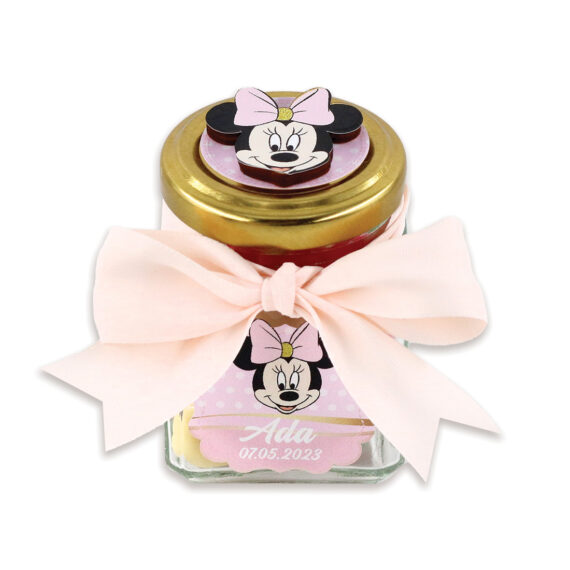 Mărturie Minnie cu decorațiune din lemn pe capac