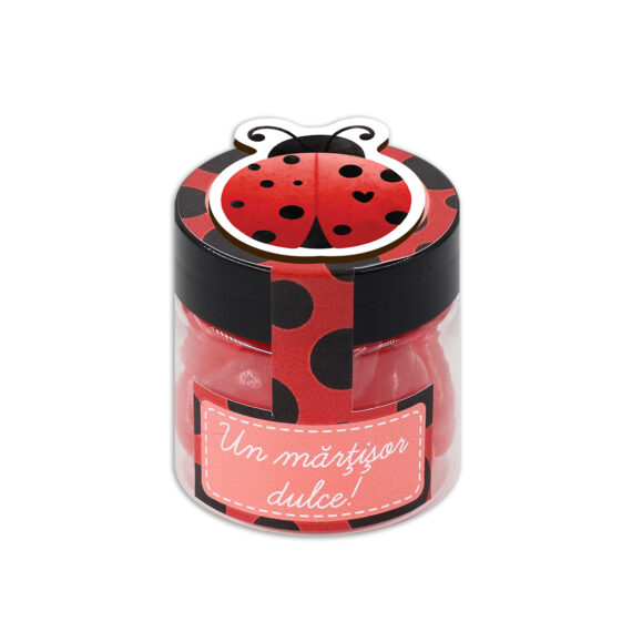 Borcan „Mărțișor dulce” cu jelly beans vișine cu decorațiune pe capac