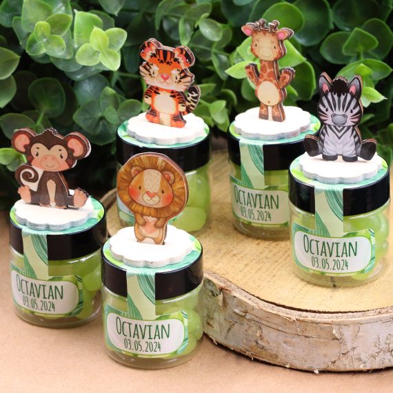 Mărturie cutiuță rotundă cu figurine animăluțe