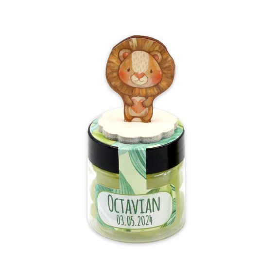 Mărturie cutiuță rotundă cu figurine animăluțe