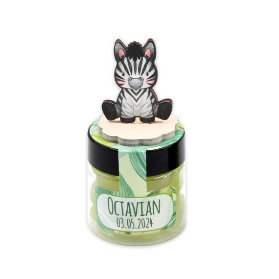 Mărturie cutiuță rotundă cu figurine animăluțe