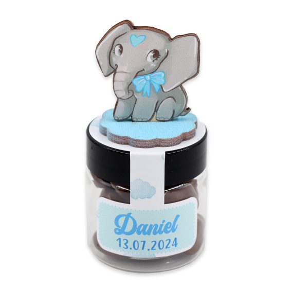 Mărturie cutiuță rotundă cu figurină elefant pe capac pentru băiețel (buc)