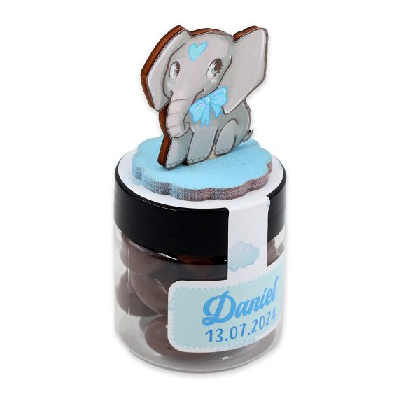 Mărturie cutiuță rotundă cu figurină elefant pe capac pentru băiețel (buc)