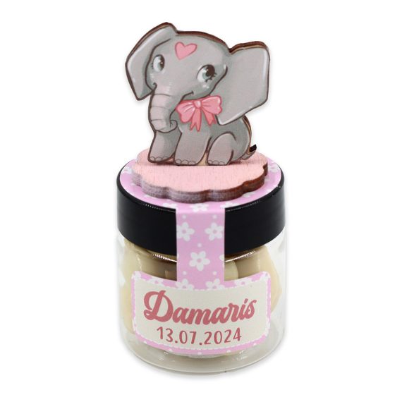 Mărturie cutiuță rotundă cu figurină elefant pe capac pentru fetițe (buc)