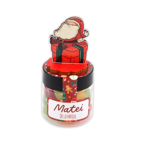 Cutiuță „Cadou de la Moșu” cu figurină din lemn pe capac, personalizată