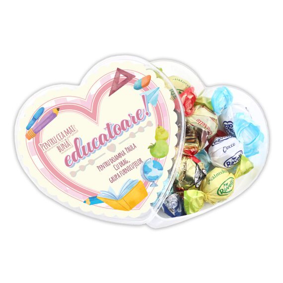 Cutie ”Inimioara cu praline pentru cea mai bună educatoare” - personalizată