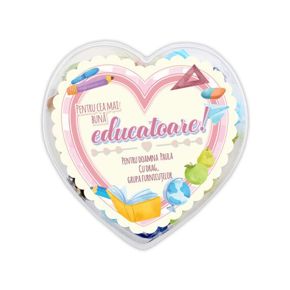 Cutie ”Inimioara cu praline pentru cea mai bună educatoare” - personalizată