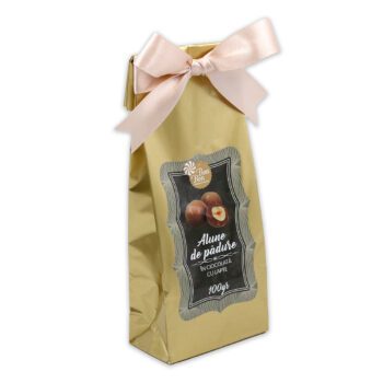 Pungă aurie cu Alune de pădure în ciocolată cu lapte (100g)