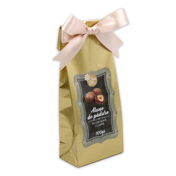Pungă aurie cu Alune de pădure în ciocolată cu lapte (100g)