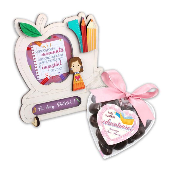 Set cadou pentru educatoare/învățătoare cu decorațiune și cutiuță dulce personalizată